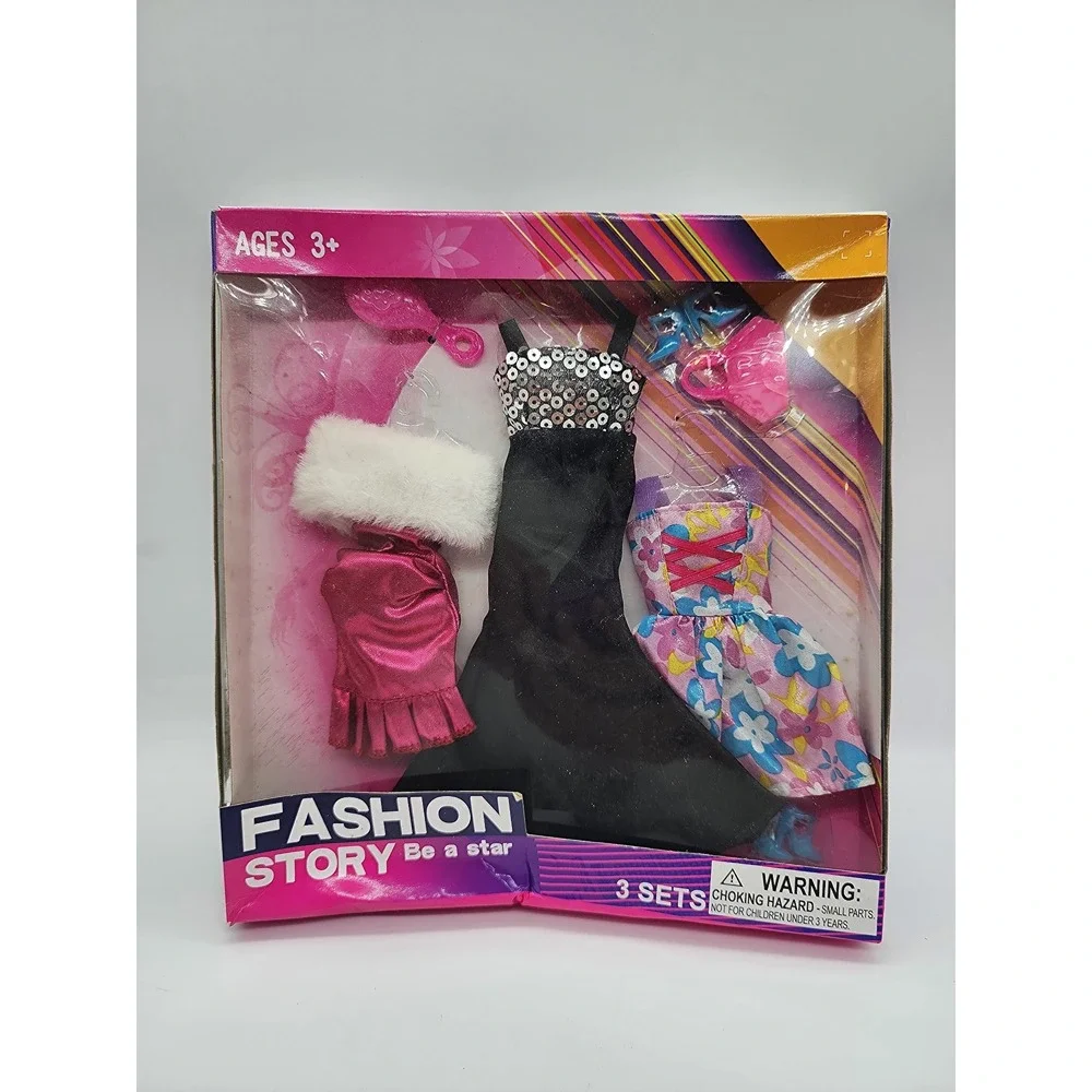 Fashion Story Be a Star Doll Clothes 3 Set Gown Floral Dress Faux Fur Jacket New